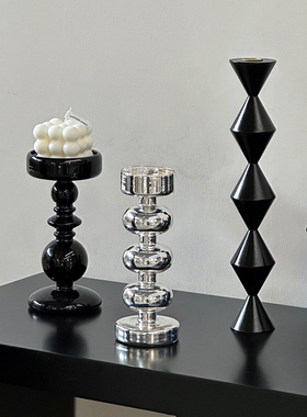 法式北欧轻奢简约烛台黑色银色实木复古新年装饰客厅玄关摆件