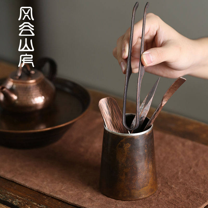 手工复古铜茶筒六君子茶夹茶针收纳筒文房笔筒功夫茶具零配件工具