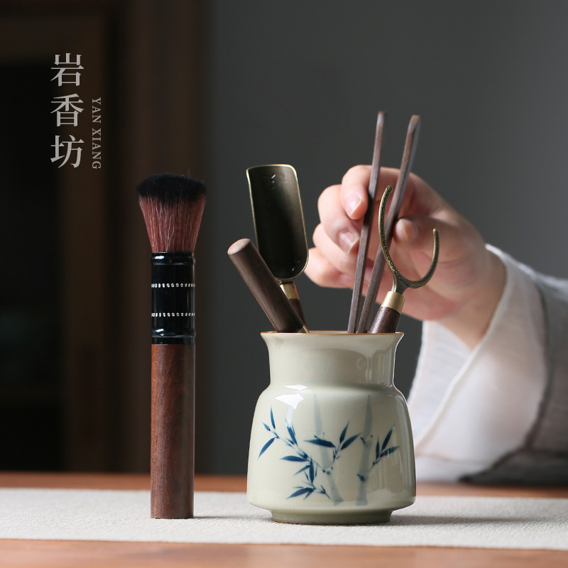 岩香坊草木灰手绘竹子六君子釉下彩茶道配件黑檀木茶勺茶夹