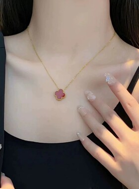 钛钢项链 红色幸运草项链简约轻奢双面秋冬新款小众百搭ins时尚