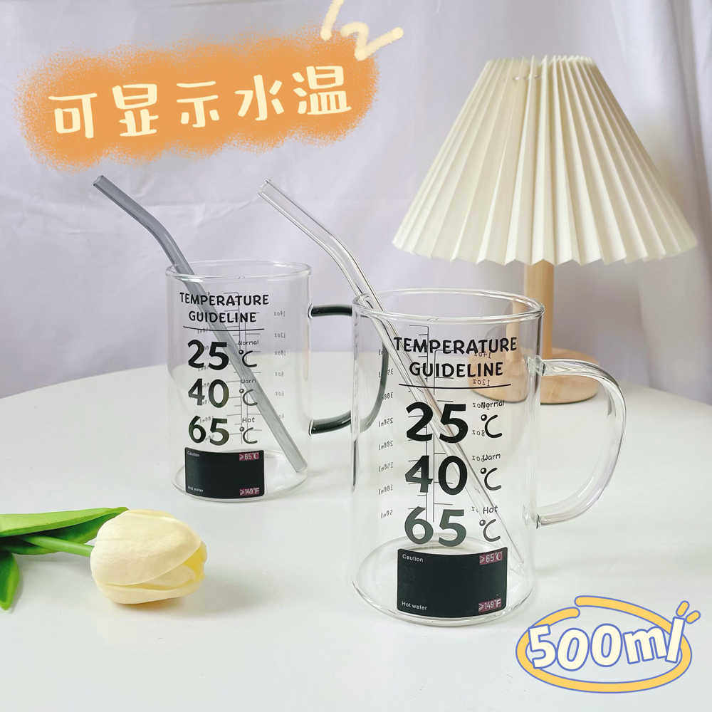 可温度显示圆形玻璃杯高硼硅大容量带盖水杯刻度咖啡杯耐热泡茶杯