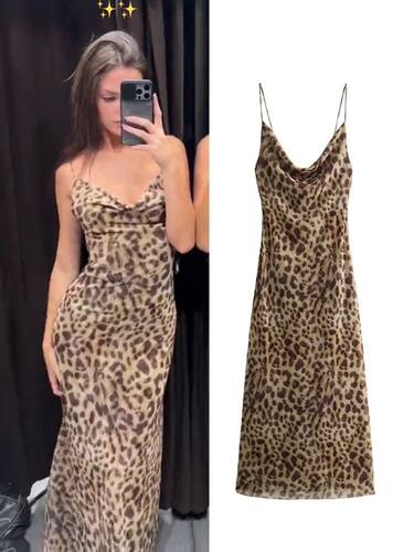 V-neck leopard print backless dress女士V领豹纹露背收腰连衣裙