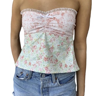 Lace collar pleated strapless slim fit top花边领褶皱抹胸上衣