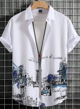 3D printed button beach casual shirt3D印花纽扣沙滩休闲衬衫男