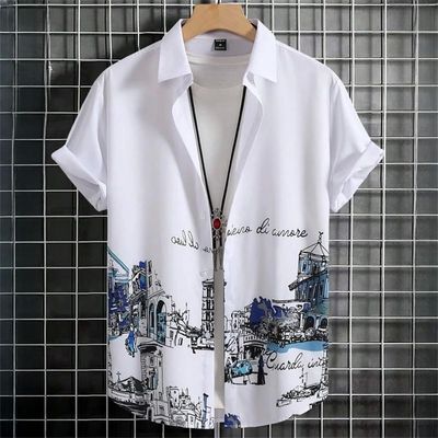 3D printed button beach casual shirt3D印花纽扣沙滩休闲衬衫男