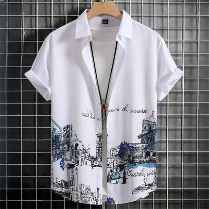 3D printed button beach casual shirt3D印花纽扣沙滩休闲衬衫男