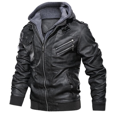 Hooded motorcycle leather jacket jacket 连帽机车皮夹克外套男
