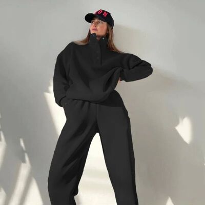 Solid color hoodie button up collar set 纯色卫衣纽扣立领套装