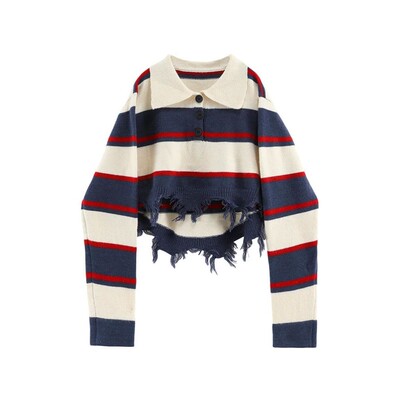 Striped lapel crop top with exposed navel 条纹Polo领露脐上衣