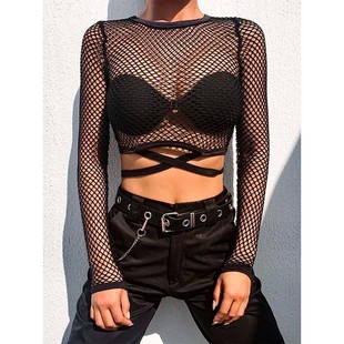 hollow strap top Solid women mesh for 纯色网纱绑带上衣 color