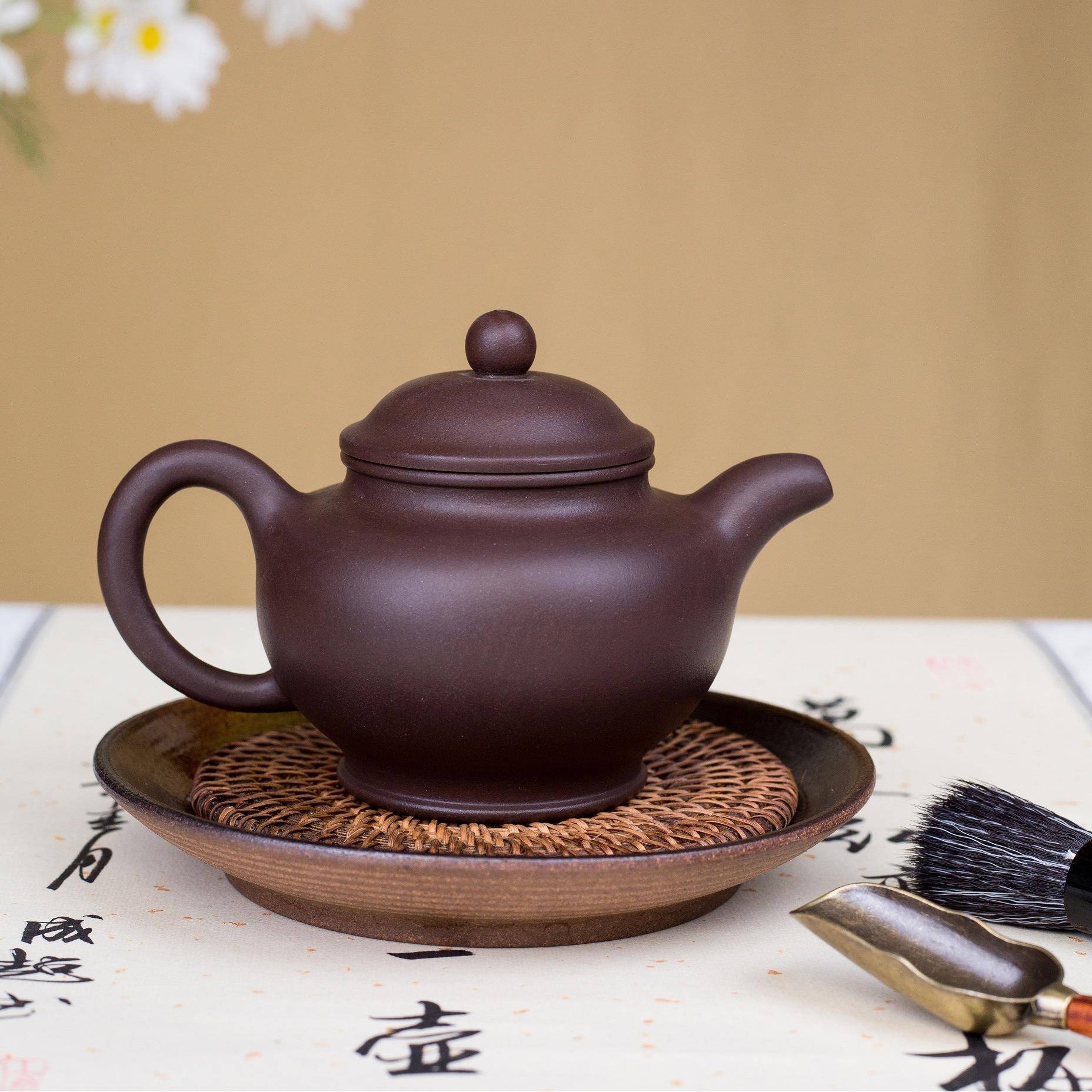 正宗宜兴卢伟萍手制大品刻绘掇只紫砂壶双层壶盖珍藏老紫泥泡茶壶