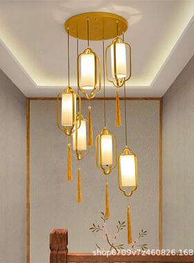 新中式吊灯餐餐厅旋转式楼梯间红色单头复楼楼72734长款吊灯梯饮