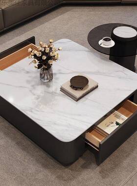 轻方形IQL岩板意式组现合茶几奢小户型代简约客厅家用茶黑色几桌
