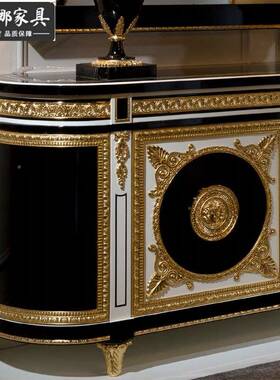 欧式实雕花别餐边柜墅客厅储物木柜茶带镜HNS厨房碗碟柜水柜家具