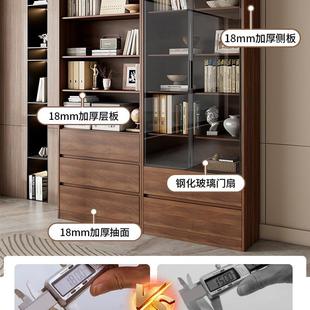实木书柜储物物柜一置体家用客厅带靠墙WYL展示柜架玻璃门整墙落