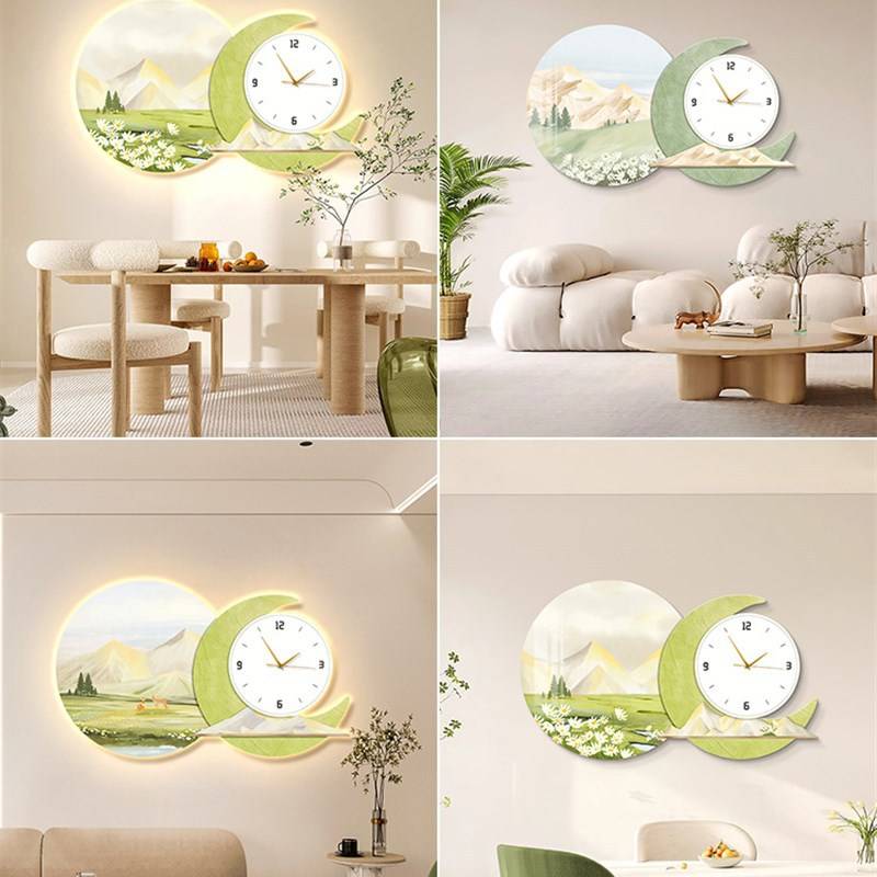 现代简光餐厅装饰画钟时壁灯客厅墙上挂画发约画感饭厅画