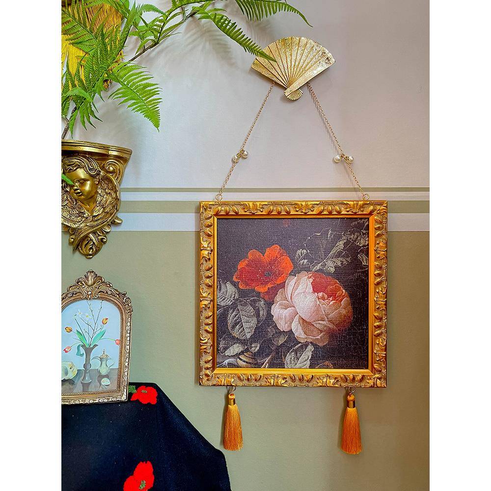 牡丹花流苏挂画欧式复古小众中古装饰画法式家居装饰照片墙画图片