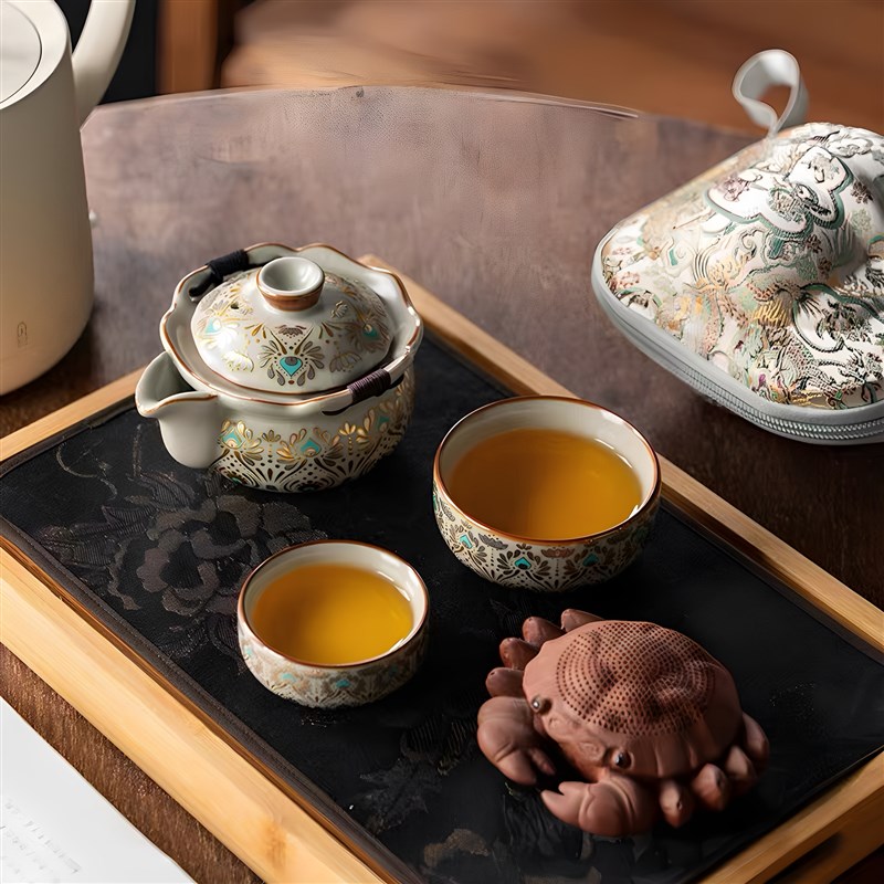 汝窑手提壶f旅行茶具手提套一壶两杯敦煌快杯户外茶壶制茶器物