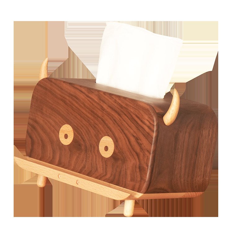 黑胡桃实木创意i可爱纸巾盒多功能桌面摆件抽纸盒木质手机支架木