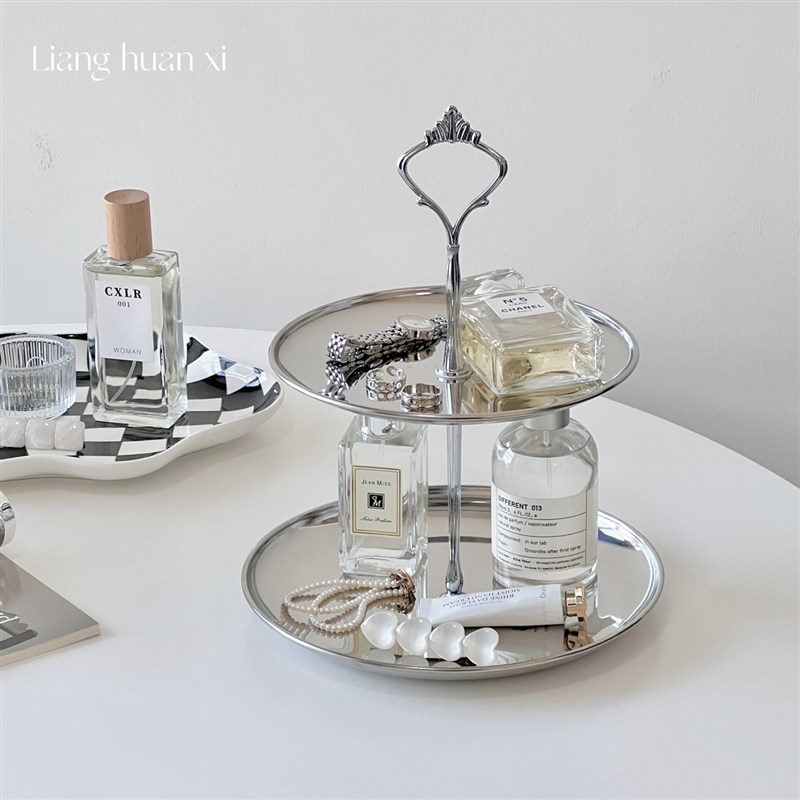 梁欢喜高级双层香水首p饰收纳架轻奢银钥匙杂物桌面置物架收纳托