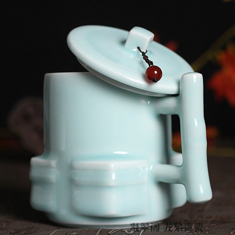 龙泉青瓷办公室茶杯紫o砂杯陶瓷个人泡茶杯水杯带盖情侣杯特价包