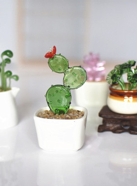 创意琉璃小摆件仿真多q肉仙人掌豆芽植物盆栽办公室玻璃工艺品礼