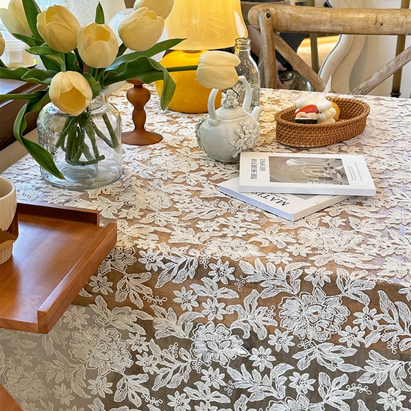法式复古浪e漫蕾丝桌布圆形长正方形茶几桌布ins轻奢米色刺绣欧式