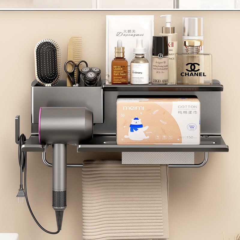 枪灰色卫生间吹风机置物架免w打孔壁挂式浴室风筒梳子多功能收纳