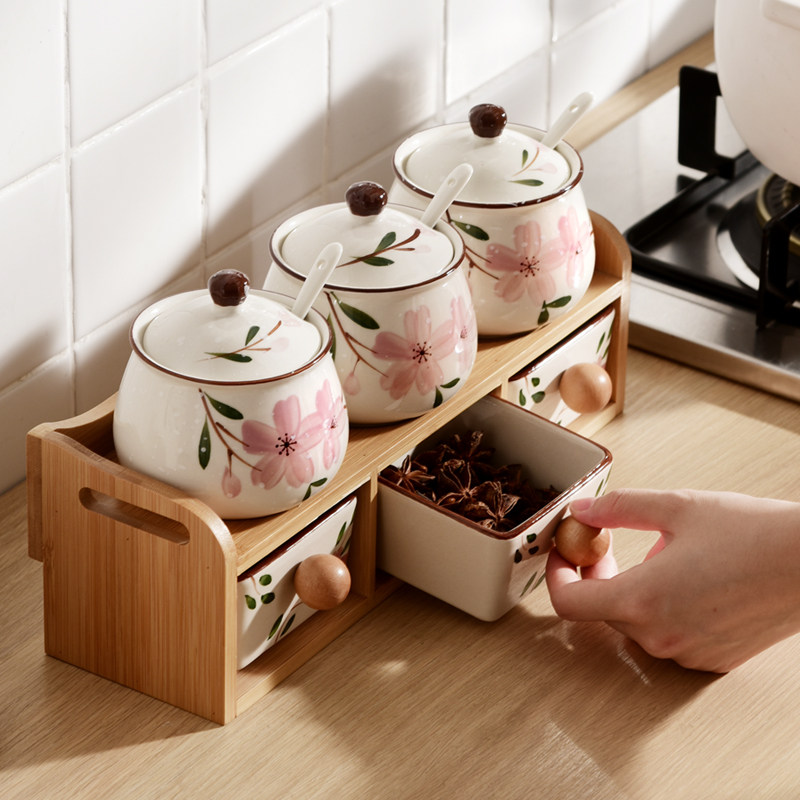 家用厨房调料盒组k合装调味罐陶瓷盐罐调料罐套装木架双层调味瓶