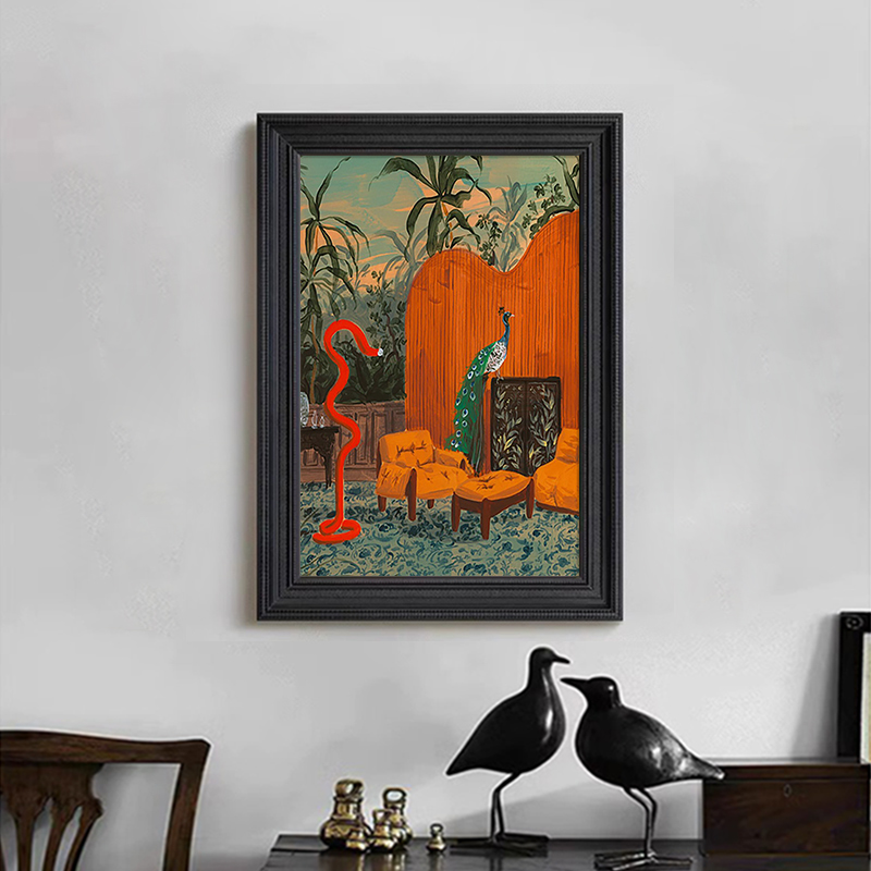 法式中古吉祥孔雀卧室客厅装饰挂画静H物风景玄关艺术壁画手绘油图片