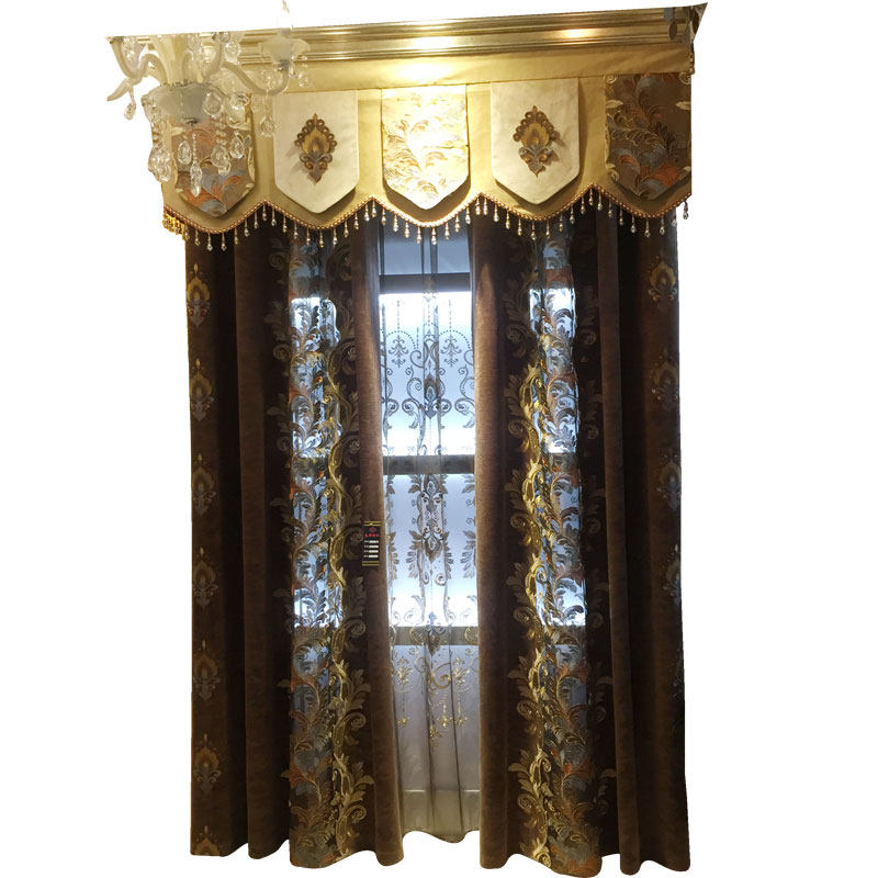 欧式绣花高档客厅绒布咖s色窗帘买高大气窗纱卧室镂空书房成品定