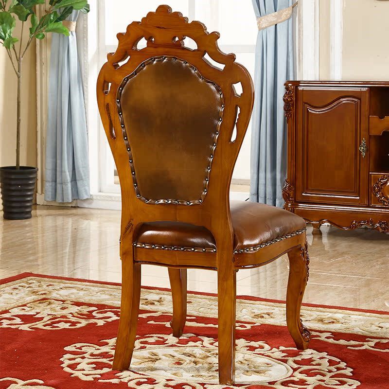 欧式餐椅 全实木头层真皮牛皮餐桌餐椅圆桌餐厅烤漆X美式书房桌椅