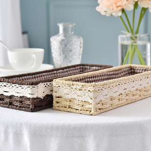 桌面收纳盒化妆品杂物收纳筐细长A条窄长型藤编布艺小置物篮长方