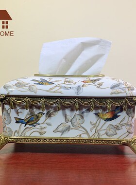 美式家居 陶瓷配铜客厅q茶几纸巾盒抽纸盒饰品摆件 奢华别墅工艺