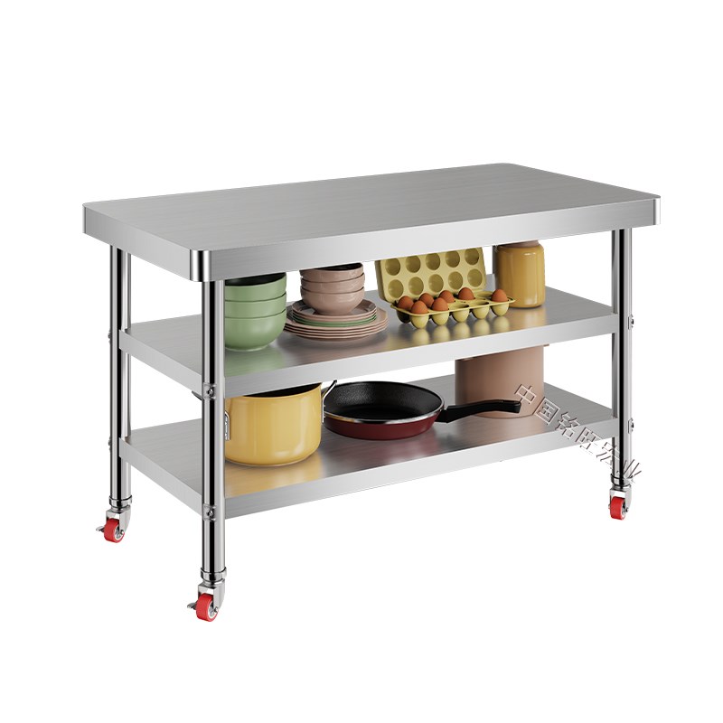 不锈钢工作台双层厨房置物架可移动三层车间操作U台带轮子打包台