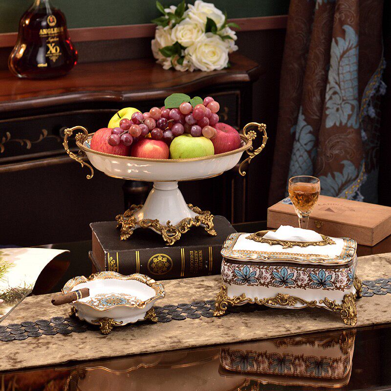 欧式陶瓷配铜纸巾盒果盘花瓶烟灰缸摆件 高档奢华X客厅茶几摆设