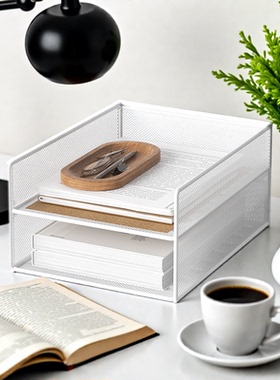 办公文件架北欧风简约创意一体式免组装大容量收纳置物架白色金属网状分层文件整理架桌面高效收纳实用工具