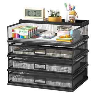 办公桌面文件架金属文件框分层抽拉抽屉式文件收纳架文具置物架办公文件架立式分层工位整理架多功能桌面收纳
