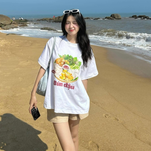 女T恤海边旅游休闲百搭上衣半袖 2025新款 ins小众定制美食印花短袖