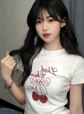 ADC-FZ 樱桃短袖甜心短款夏季修身白色百搭纯棉正肩印花T恤小上衣