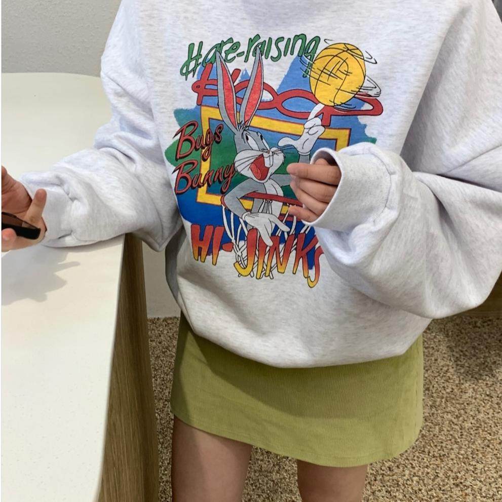 韩国小众ins新款兔子印花重磅圆领卫衣秋冬宽松休闲百搭套头上衣