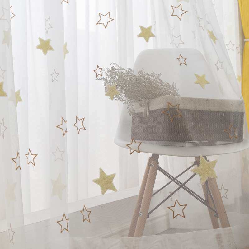 ll窗帘纱帘五角星简约现代透光白纱飘窗阳台隔断星星门帘儿童房窗