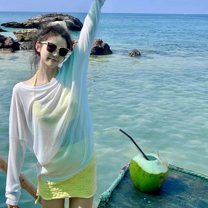 海边度假比基尼泳衣外搭防晒罩衫夏季微透百搭宽松长袖针织空调衫