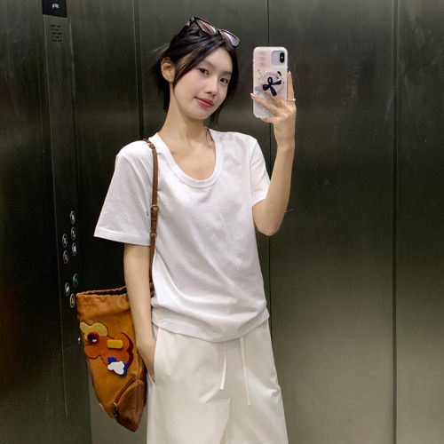 灰色U领T恤女夏短袖薄款