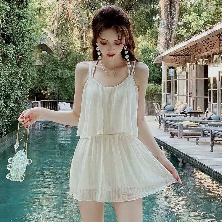 连体泳衣女2024年新款温泉保守遮肚子显瘦韩版网红白色玩水游泳衣