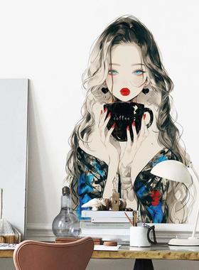 气质红唇女生贴纸长发欧美美女头像墙面可移除装饰墙贴画 46014