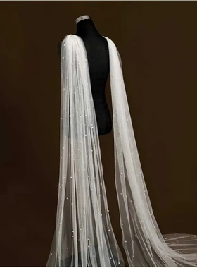 欧美珍珠网纱小教堂式拖地披肩单层白色色新娘婚纱披风女