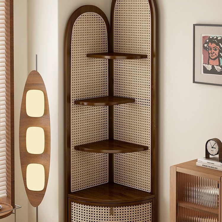 藤编转角置物架餐边柜实木边角柜墙角落地三角柜子客厅拐角收纳柜