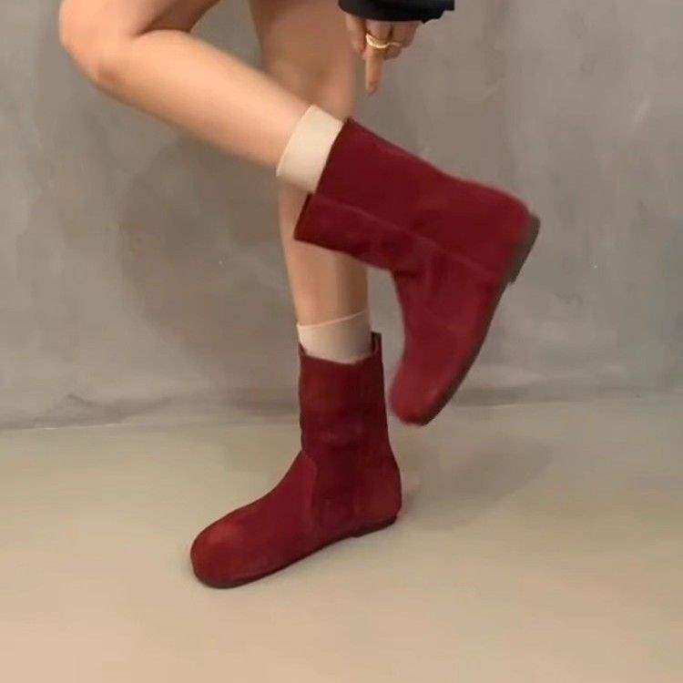 显瘦超软平底孕妇婚鞋冬季配秀禾服中式红色勃肯短靴女2025年新款