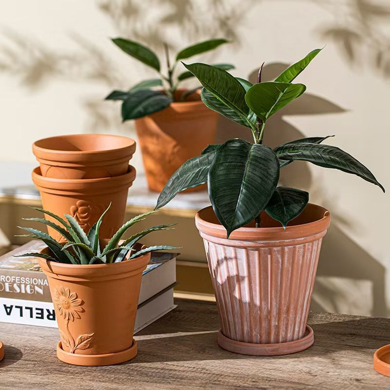 简约透气吸水家用庭院红陶花盆绿植多肉浮雕花纹帝罗马阳台陶盆